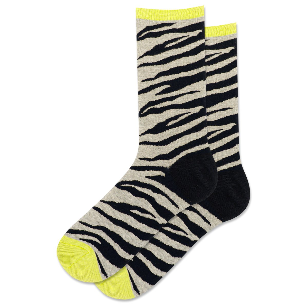 Zebra pattern socks with yellow accents on a white background