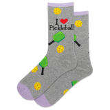 Gray socks with pickleball designs and text 'I ❤️ Pickleball' on a white background