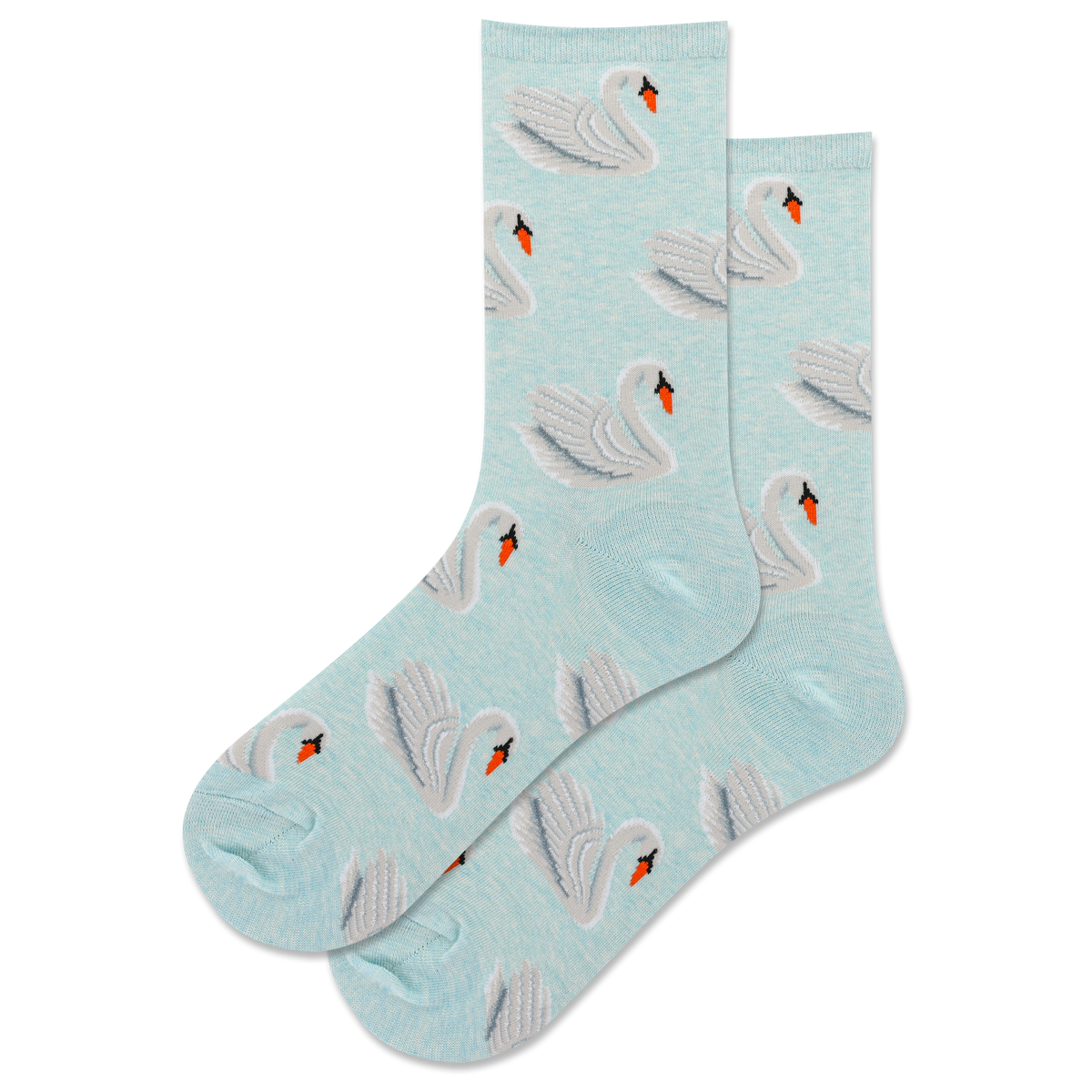 Light blue socks with swan pattern on a white background