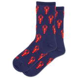 Navy socks with red lobster pattern on a white background thumbnail