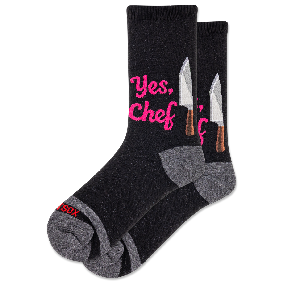 Black socks with 'Yes, Chef' text and knife graphics on a white background