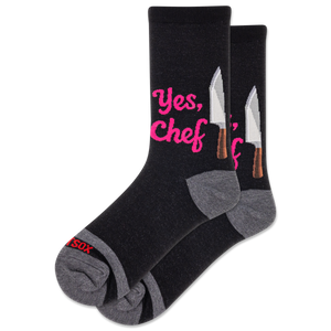Black socks with 'Yes, Chef' text and knife graphics on a white background