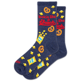 Navy blue socks with snack-themed graphics and text on a white background thumbnail