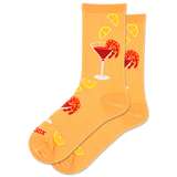 Orange socks with cocktail and prawn design on a white background thumbnail