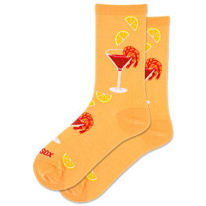 Orange socks with cocktail and prawn design on a white background