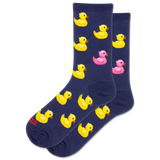 Navy blue socks with yellow rubber duck and pink duck pattern on a white background thumbnail