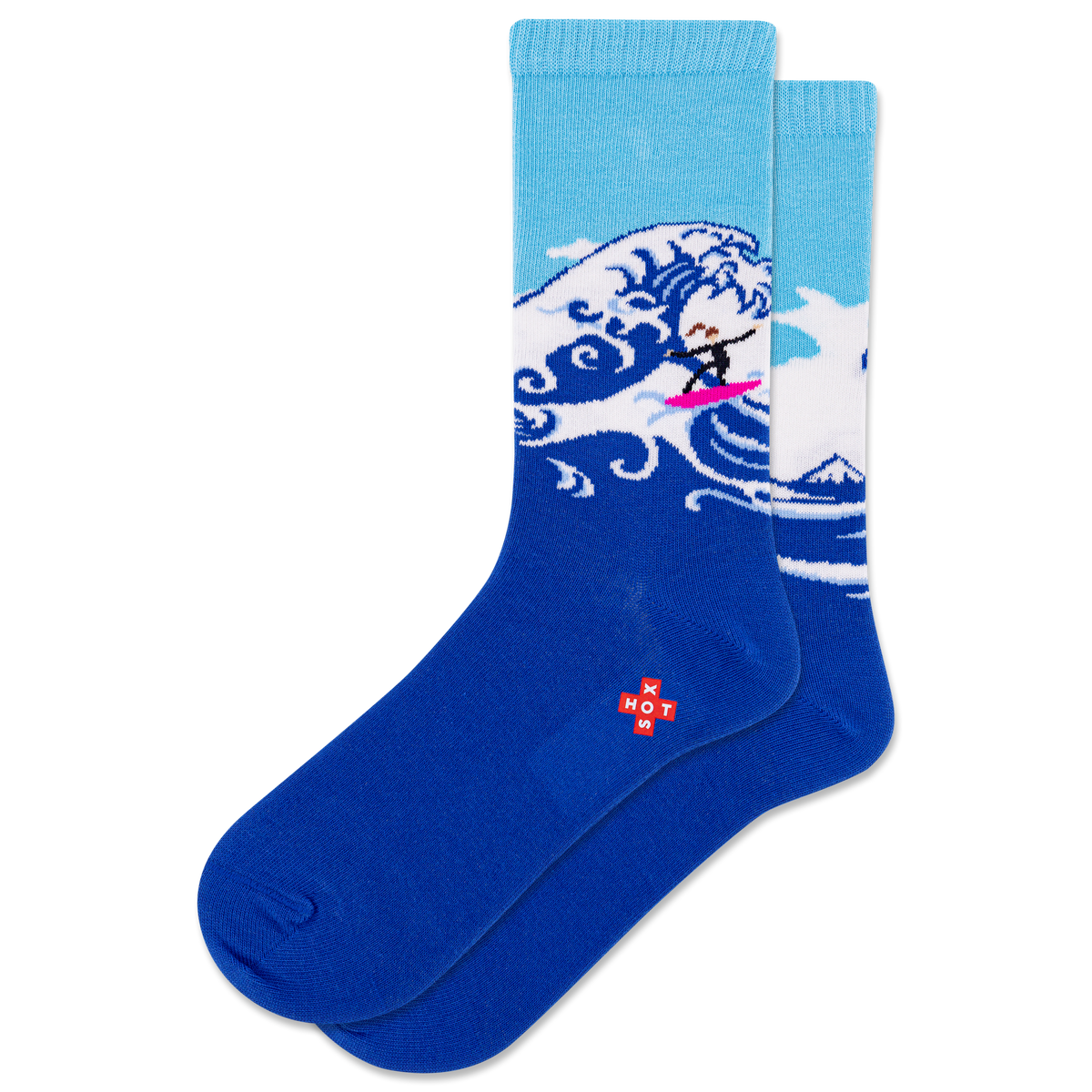 Blue socks with a wave design and a small logo on a white background
