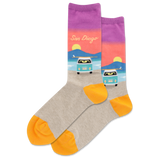 Colorful socks with a van design and 'San Diego' text on a white background