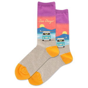 Colorful socks with a van design and 'San Diego' text on a white background