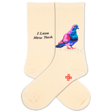 Beige socks with a colorful pigeon and 'I Love New York' text on a white background thumbnail