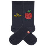 Black socks with rhinestone apple design and text on a white background