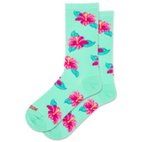 Mint green socks with pink floral patterns on a white background thumbnail