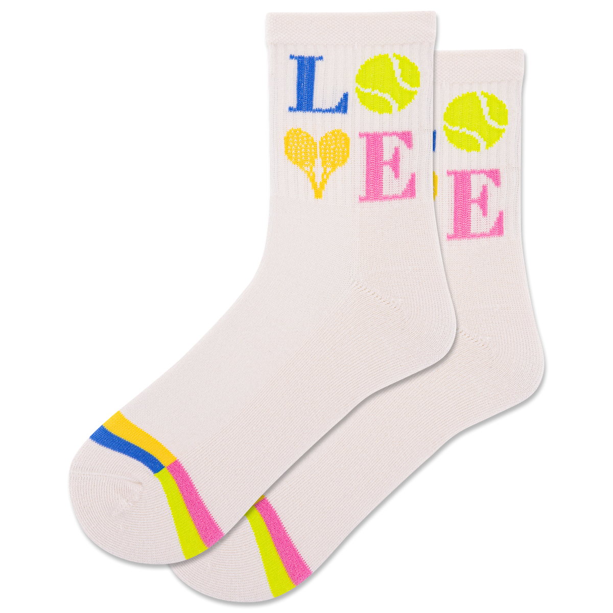 Pair of socks with 'LOVE' and tennis ball design on a white background