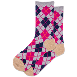 Pair of argyle pattern socks with pink, blue, and gray design on a white background