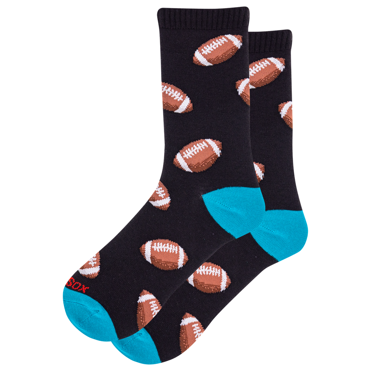 Black socks with football pattern and blue toes on a white background