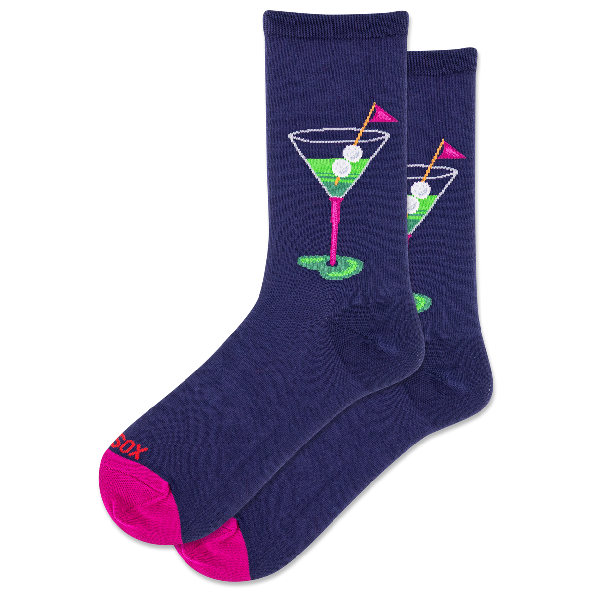 Navy socks with martini glass design on a white background