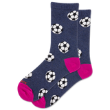Pair of socks with soccer ball pattern and pink toes on a white background