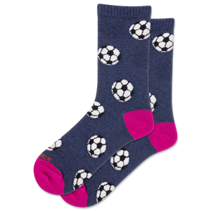 Pair of socks with soccer ball pattern and pink toes on a white background