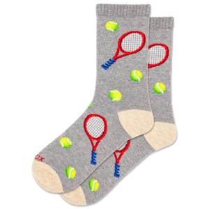 Gray socks with tennis racket and ball designs on a white background