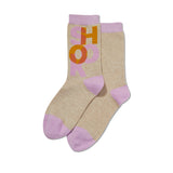 Beige socks with colorful text and purple accents on a white background