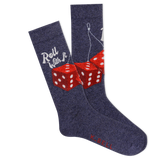 Pair of socks with red dice design and 'Roll With It' text on a white background thumbnail