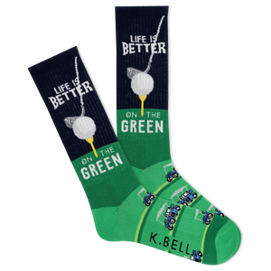 Green and navy socks with golf ball and club design, featuring 'Life is Better on the Green' text.