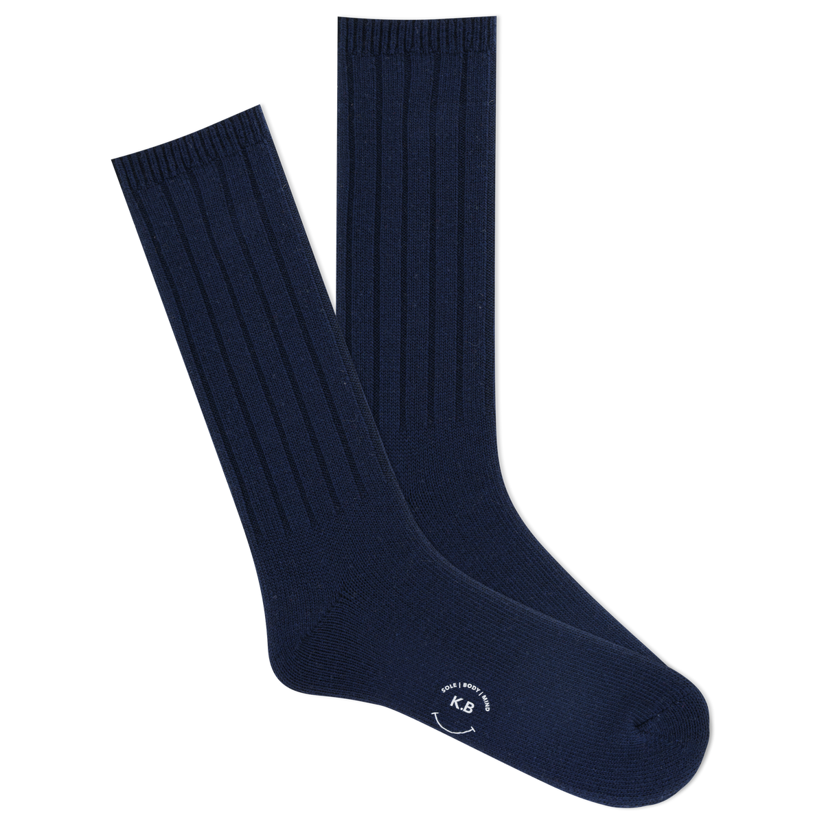 A pair of K.Bell men's classic ribbed crew socks in navy color, featuring a comfortable fit and wide ribbed design.