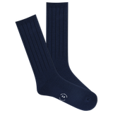 A pair of K.Bell men's classic ribbed crew socks in navy color, featuring a comfortable fit and wide ribbed design.