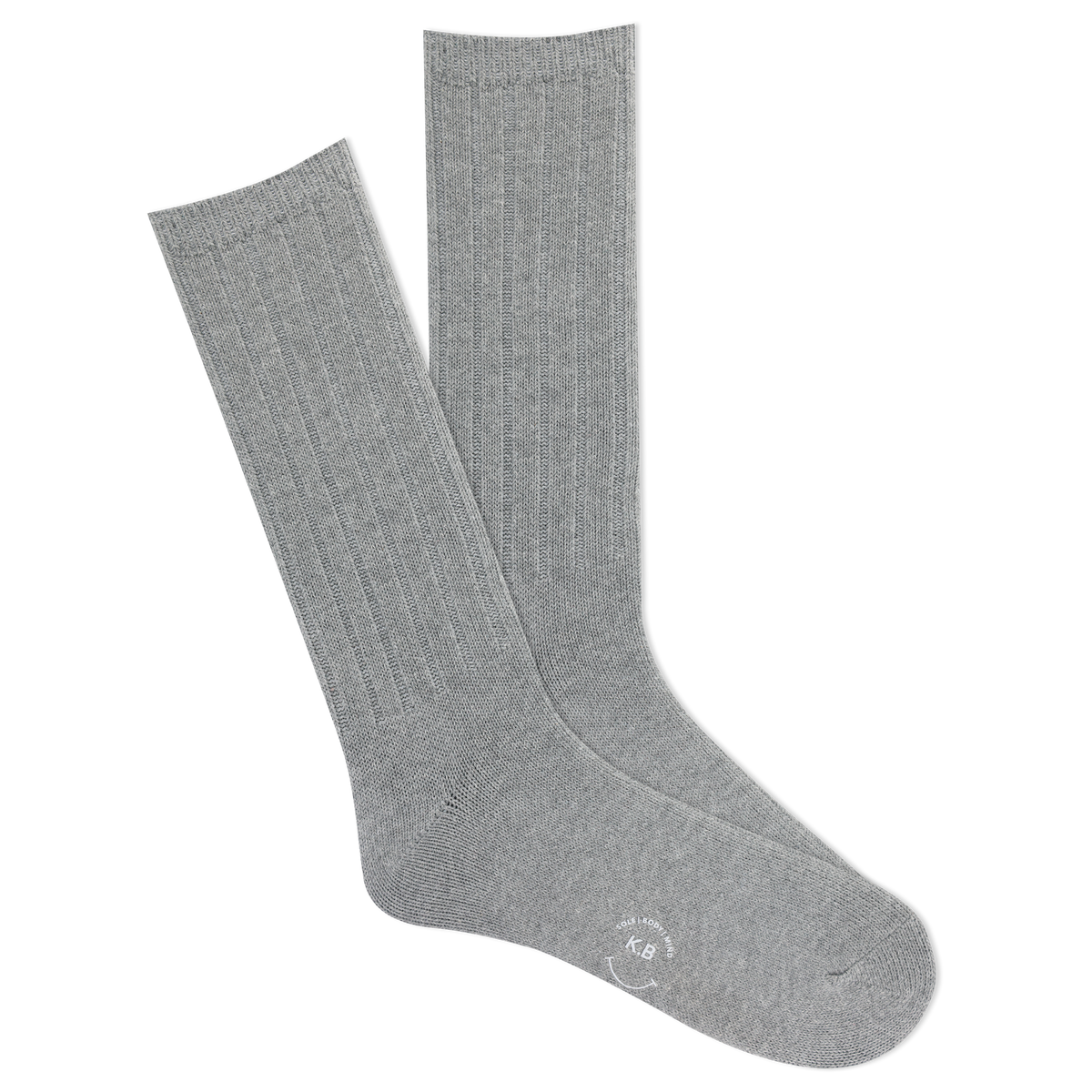 A pair of K.Bell men's classic ribbed crew socks in grey color, featuring a comfortable fit and wide ribbed design.