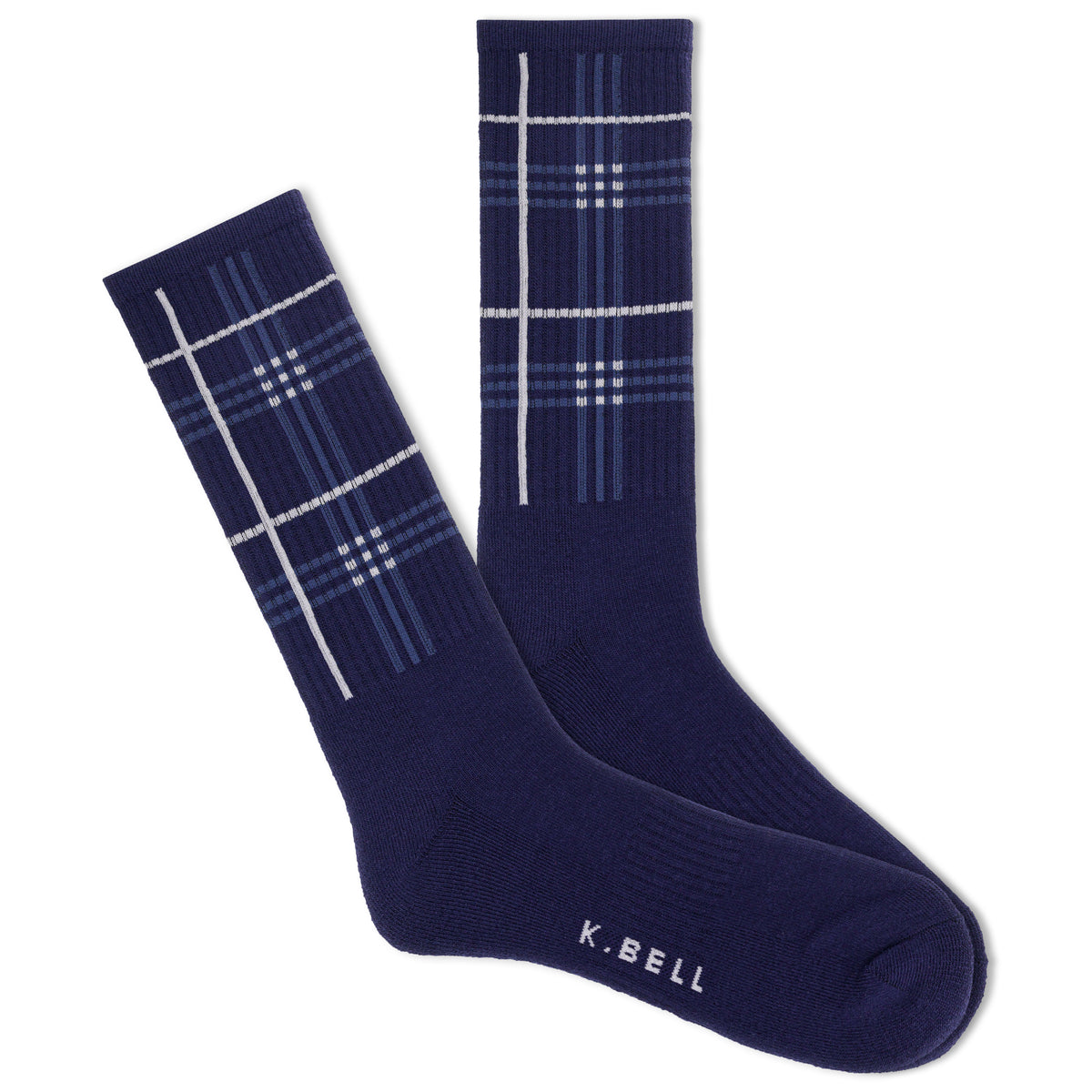 Men's navy blue plaid crew socks with white accents.
