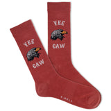 Red socks with an eagle design and 'Yee Caw' text on a white background