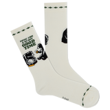 White sock with black bear graphics and text on a white background