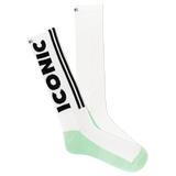 A pair of white crew socks with green accents and the text 'ICONIC' printed on the side, featuring a reflective logo.