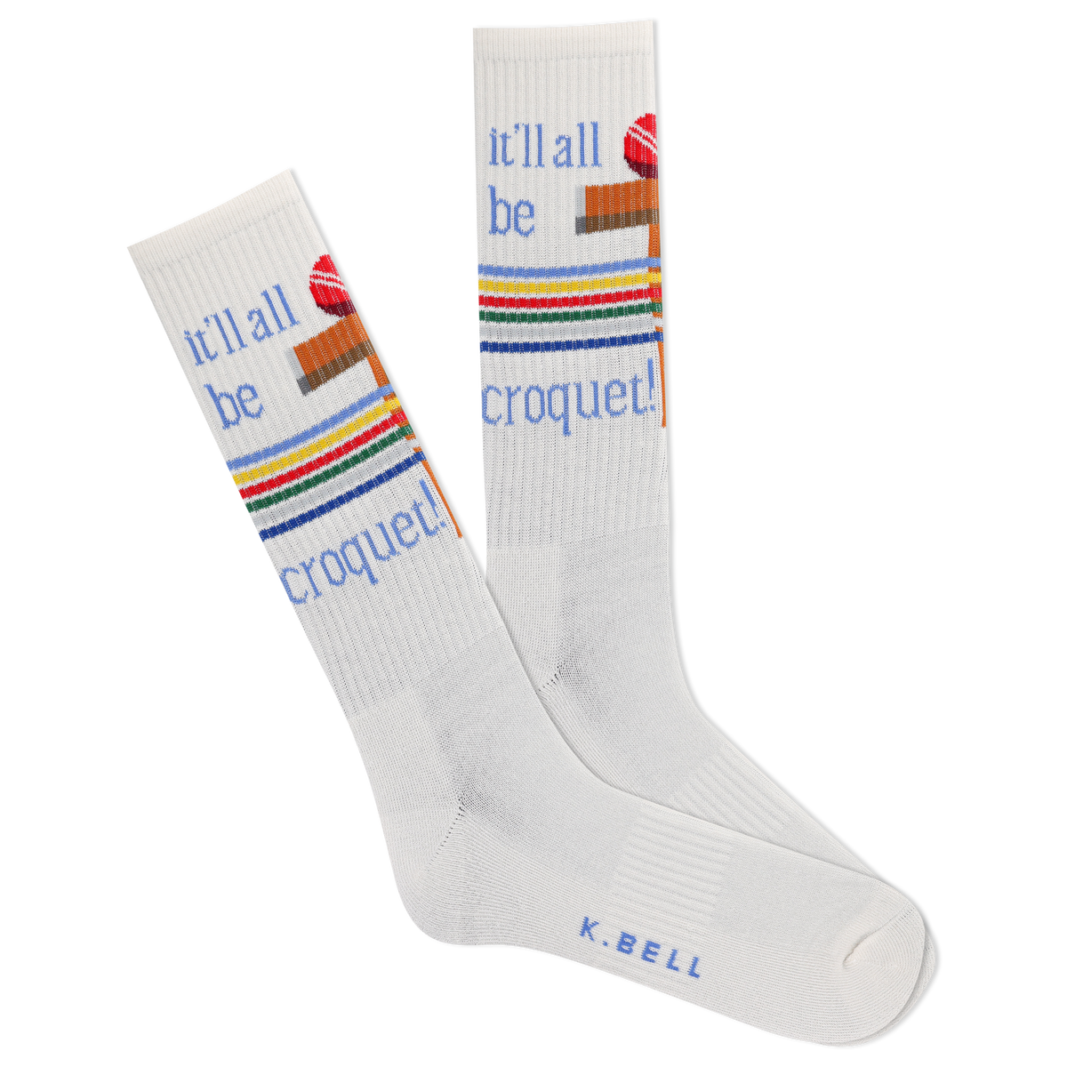 K.Bell men's active crew socks with stripes and the phrase 'it'll all be croquet'