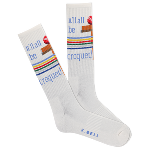 K.Bell men's active crew socks with stripes and the phrase 'it'll all be croquet'
