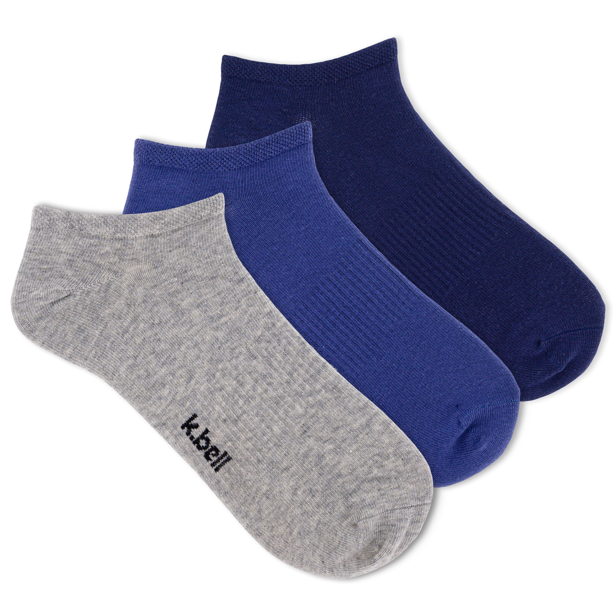 Three pairs of socks in gray, blue, and navy on a white background
