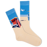 Beige sock with a beach scene design featuring a lifeguard tower and blue sky.