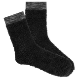 Pair of black socks with gray cuffs on a white background