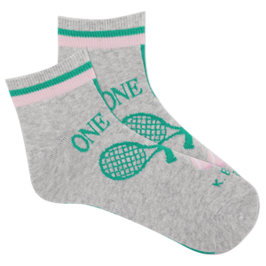Gray socks with green and pink accents featuring a tennis racket and 'ONE LOVE' text on a white background.