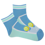 Blue socks with tennis court design and tennis balls on a white background