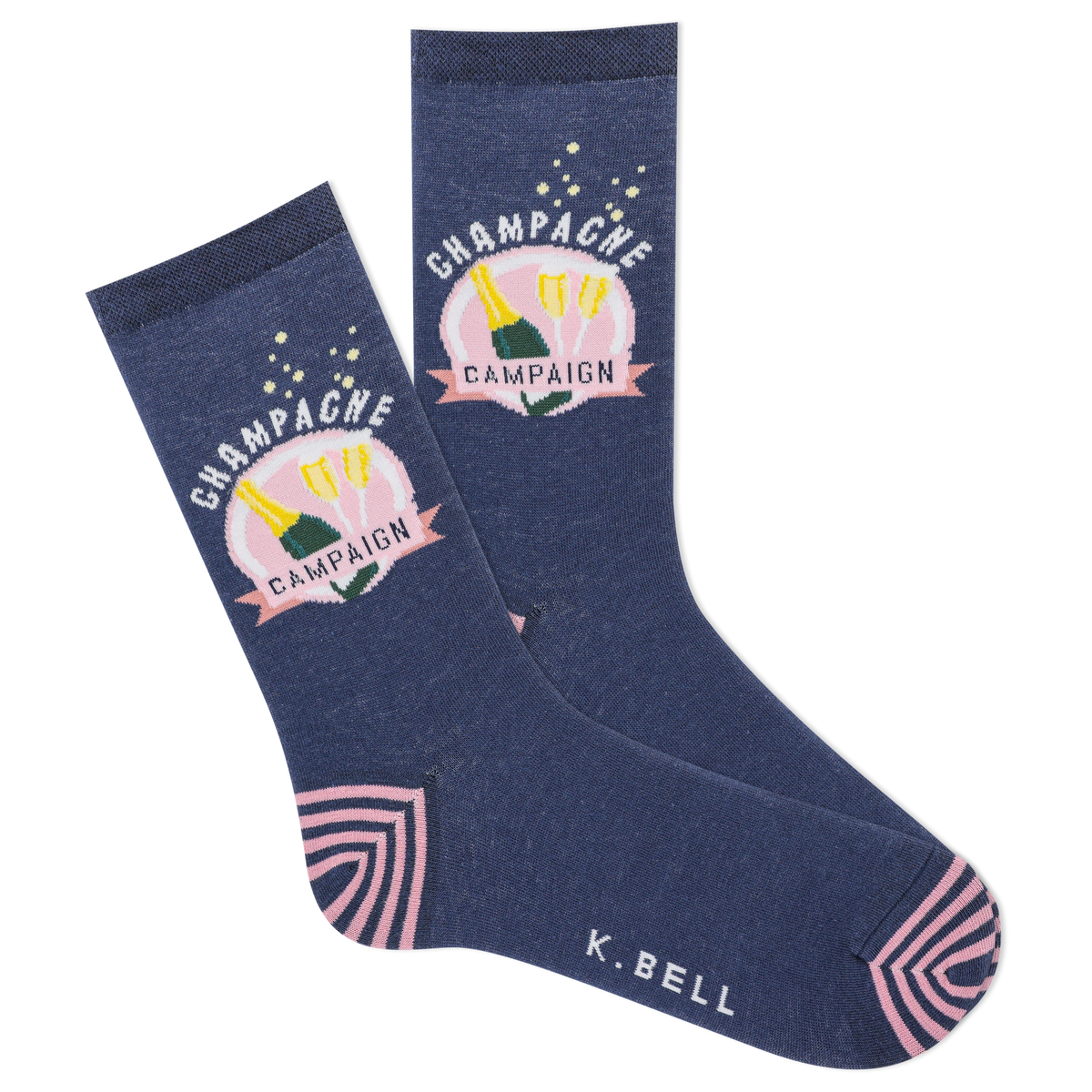 Navy socks with champagne bottle design and 'K. Bell' branding on a white background