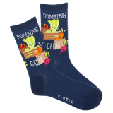 Navy blue socks with vegetable design and 'K. Bell' branding on a white background