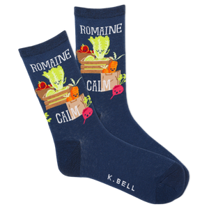 Navy blue socks with vegetable design and 'K. Bell' branding on a white background