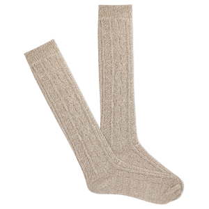 A pair of beige knee-high socks with a cable knit design in a tan color.