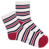 Beige K.Bell socks with navy and red stripes.