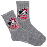 Gray socks with cow design and 'Moody & Sassy' text on a white background