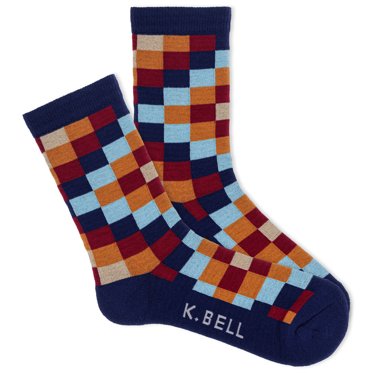 Pair of colorful checkered socks with 'K.Bell' branding on a white background