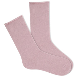 Textured pink sparkle roll top socks on a white background