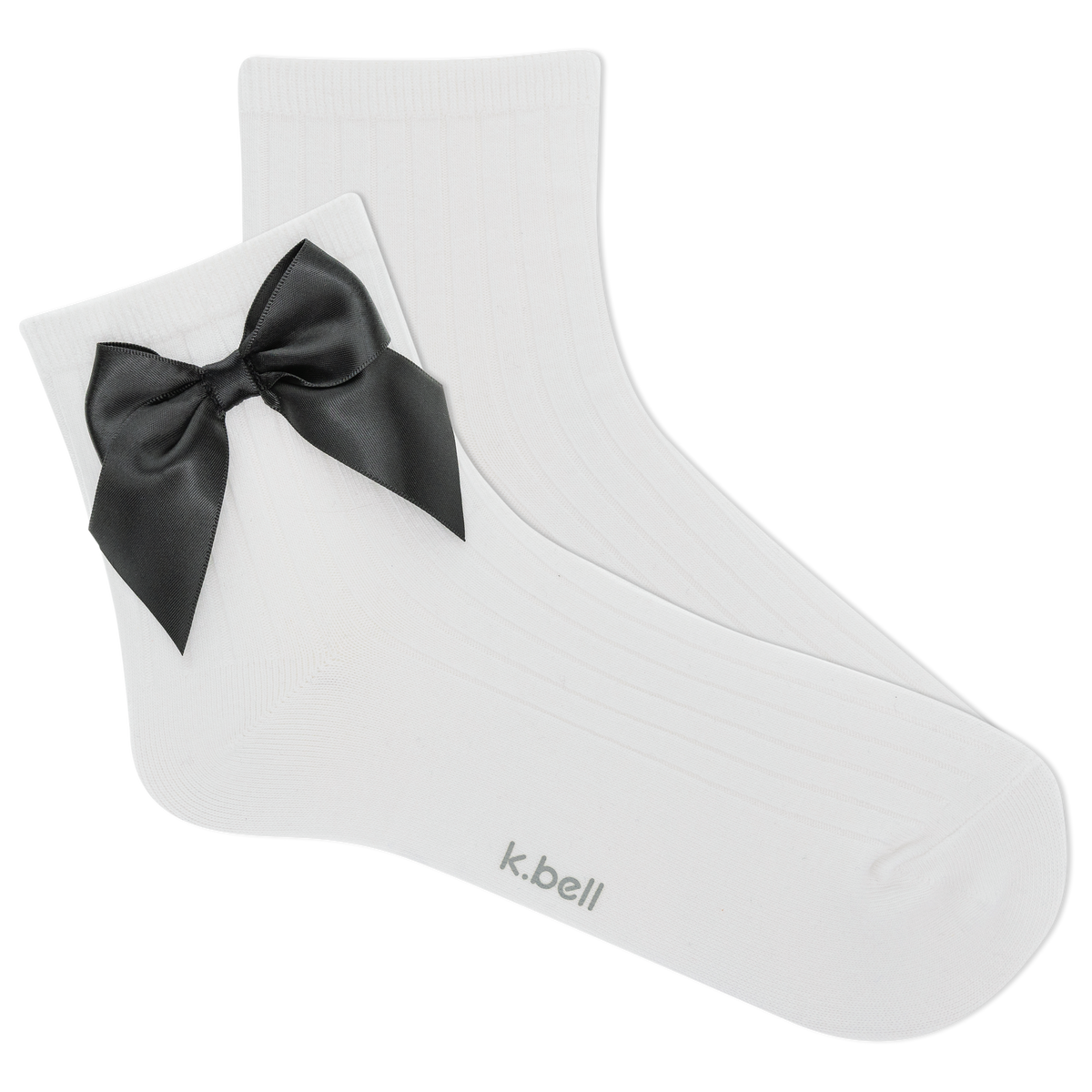 White sock with a black bow on a white background, featuring the brand 'k.bell'.