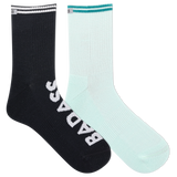 Two socks, one black and one light blue, with 'Bacca Bucci' branding on a white background.